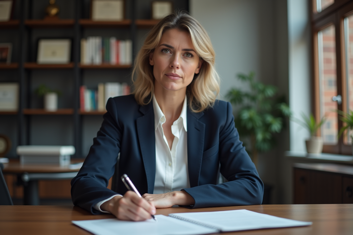 Femme professionnelle en bureau avec documents légaux