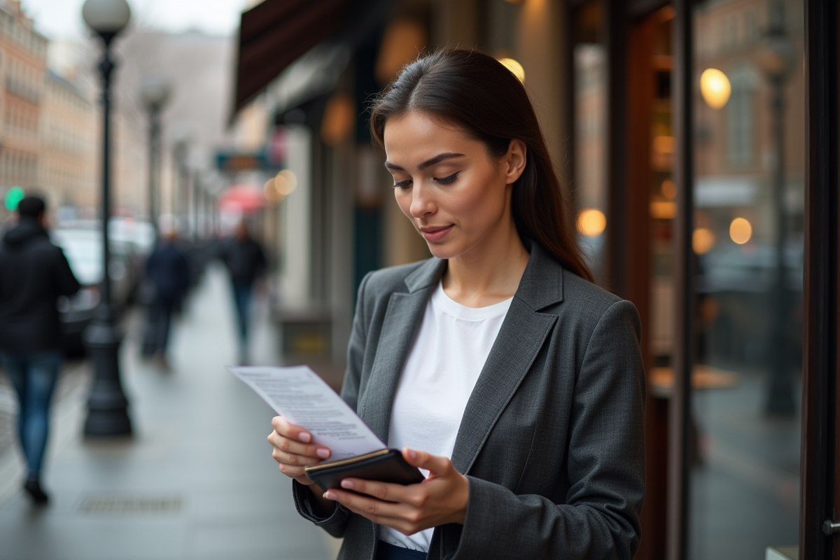 Jeune femme avec reçu et carte bancaire en extérieur