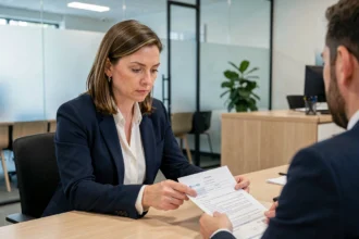 Femme cadre en rendez-vous bancaire pour obtenir le meilleur taux de crédit immobilier locatif en 2026