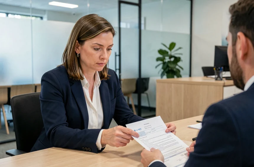 Femme cadre en rendez-vous bancaire pour obtenir le meilleur taux de crédit immobilier locatif en 2026
