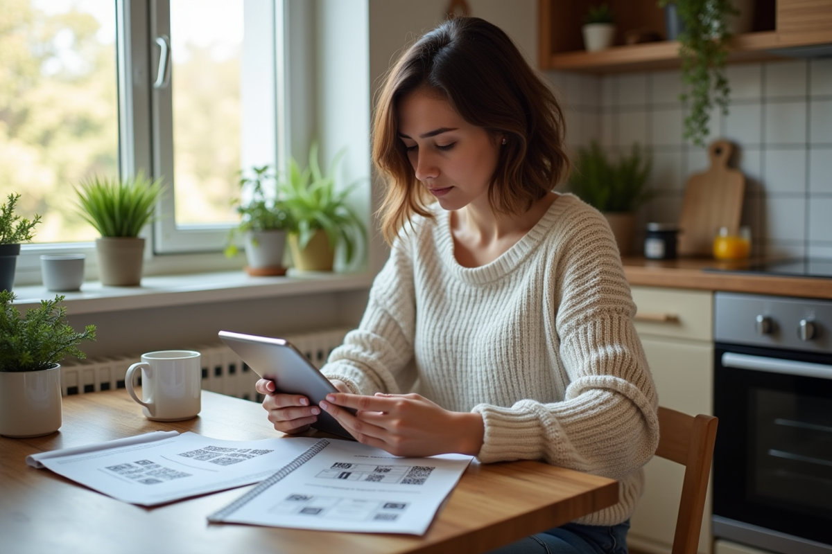 Femme vérifiant des notes blockchain avec un tablette dans la cuisine