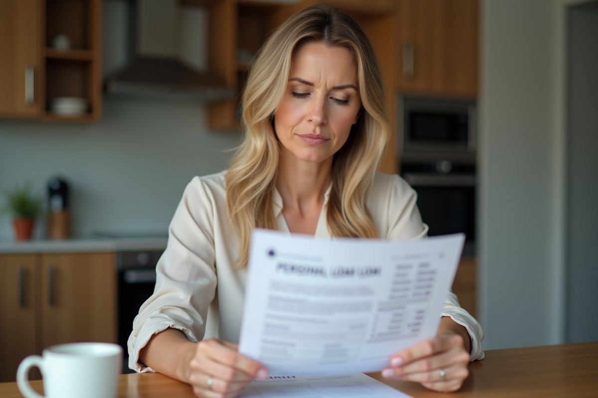 Femme d'âge moyen examine un relevé de prêt personnel à la maison