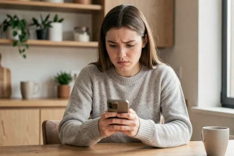 Jeune femme consultant le service clients de Lydia sur son smartphone dans une cuisine moderne