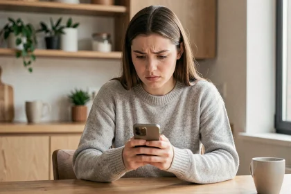 Jeune femme consultant le service clients de Lydia sur son smartphone dans une cuisine moderne
