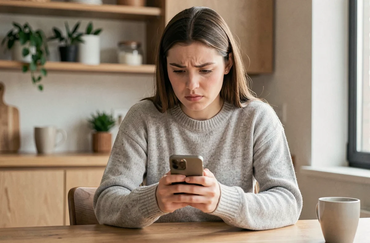 Jeune femme consultant le service clients de Lydia sur son smartphone dans une cuisine moderne