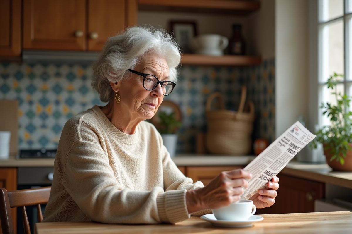 Femme âgée lisant un article sur les arnaques en cryptomonnaie dans sa cuisine