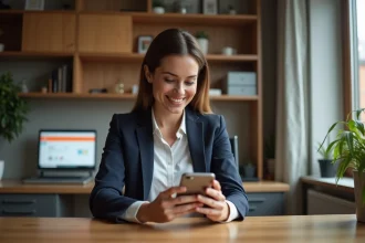 Femme en bureau à domicile vérifiant son smartphone