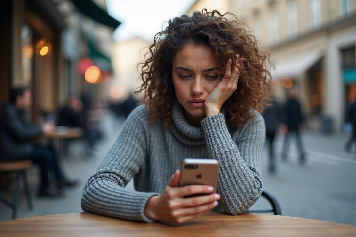 Jeune femme anxieuse utilisant une application crypto sur son téléphone