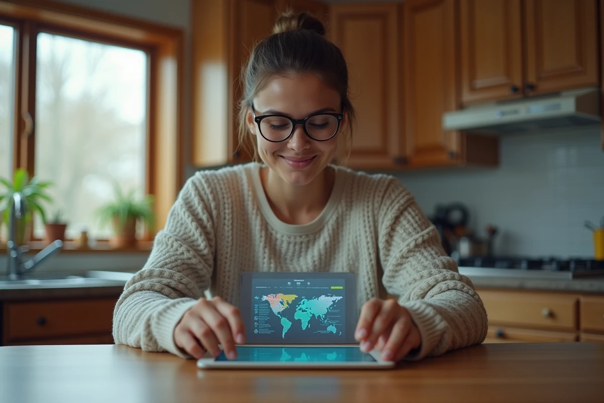 Jeune femme utilisant une tablette avec un classement mondial
