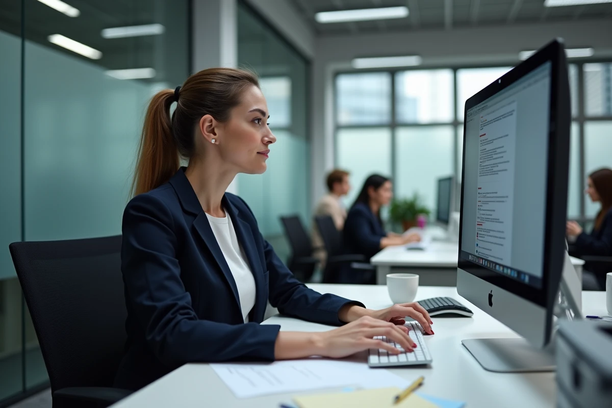 Femme téléchargeant un formulaire PDF fiscal sur son ordinateur de bureau au bureau