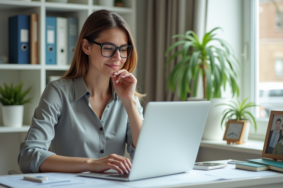 Femme dearly 40 ans tape sur un ordinateur dans un bureau lumineux