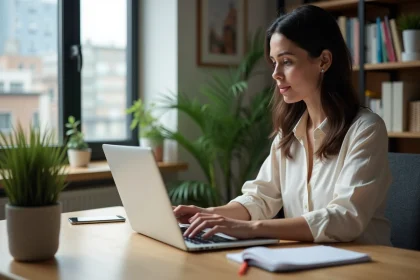 Femme concentrée effectuant un transfert d'argent en ligne dans un bureau moderne