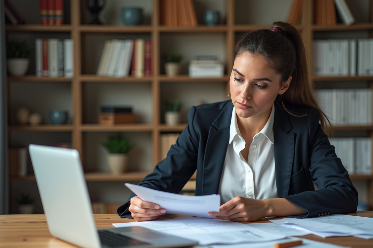 Femme professionnelle examine des papiers dans un bureau moderne