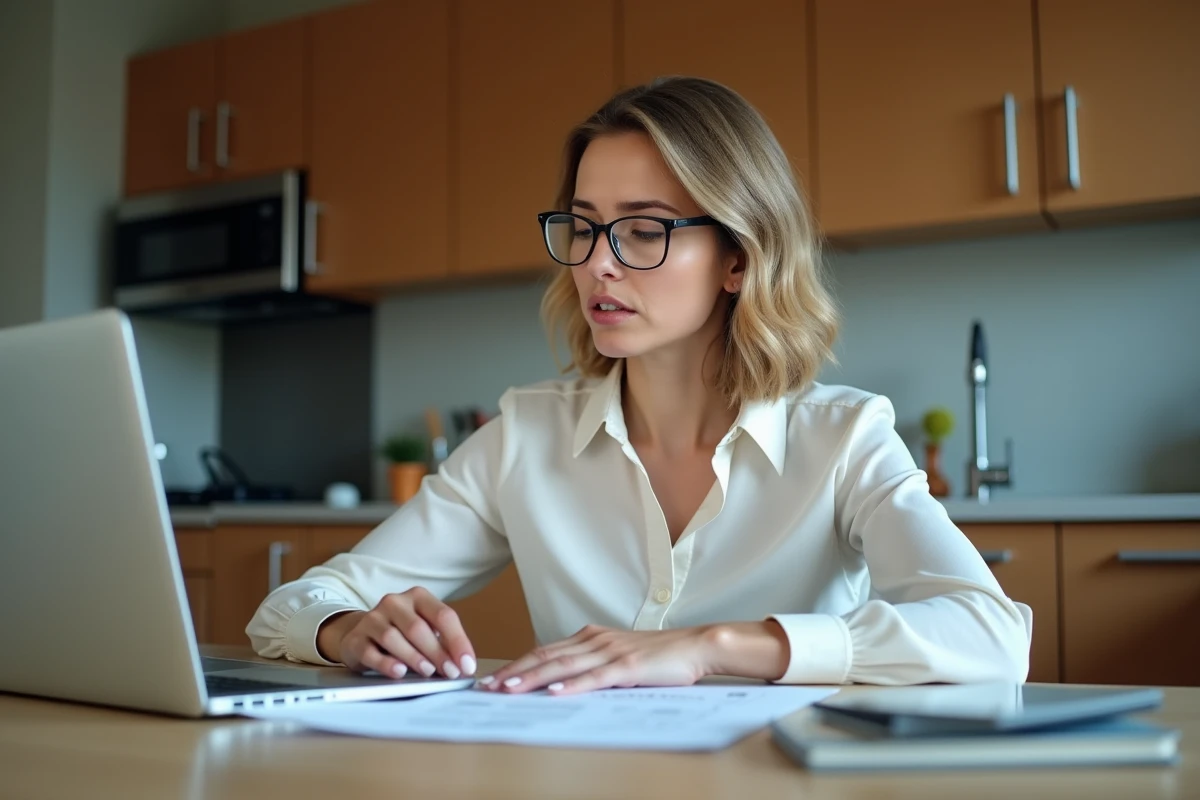 Femme en blouse examinant des papiers fiscaux à la maison