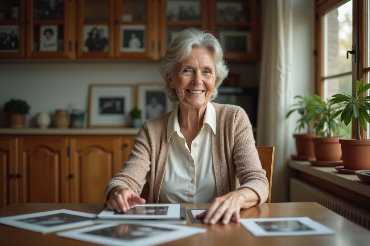 Femme âgée triant des photos de famille à la maison