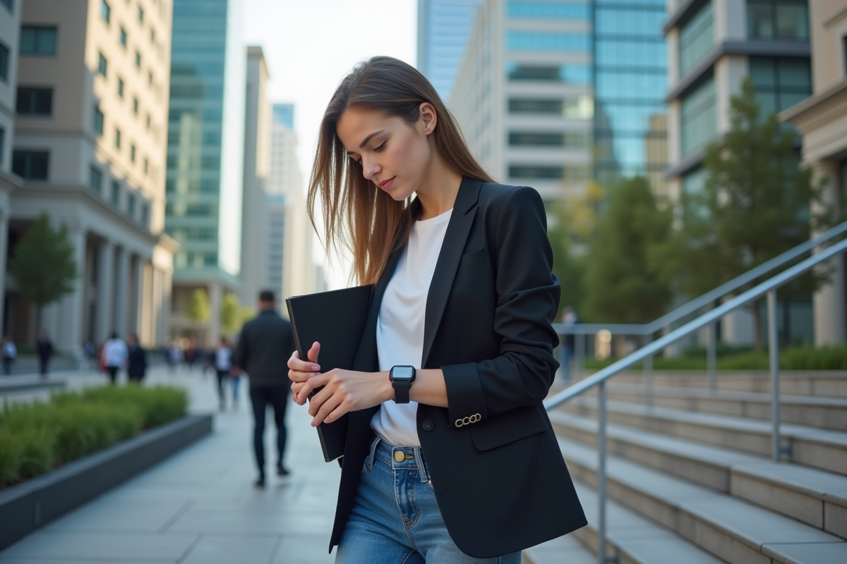 Jeune femme en ville regardant sa montre sur les escaliers