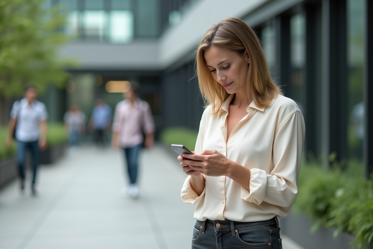 Femme dans la rue vérifiant son smartphone avec concentration