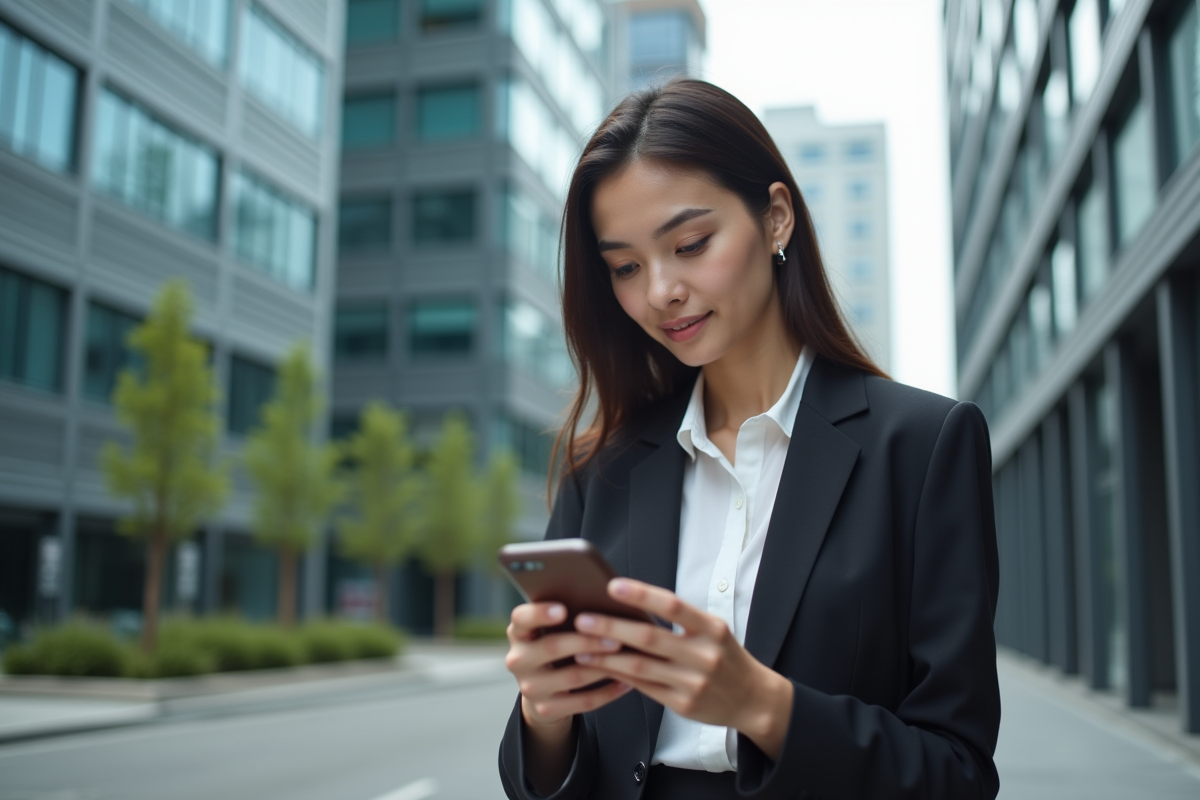 Jeune femme professionnelle utilisant une application financière en extérieur