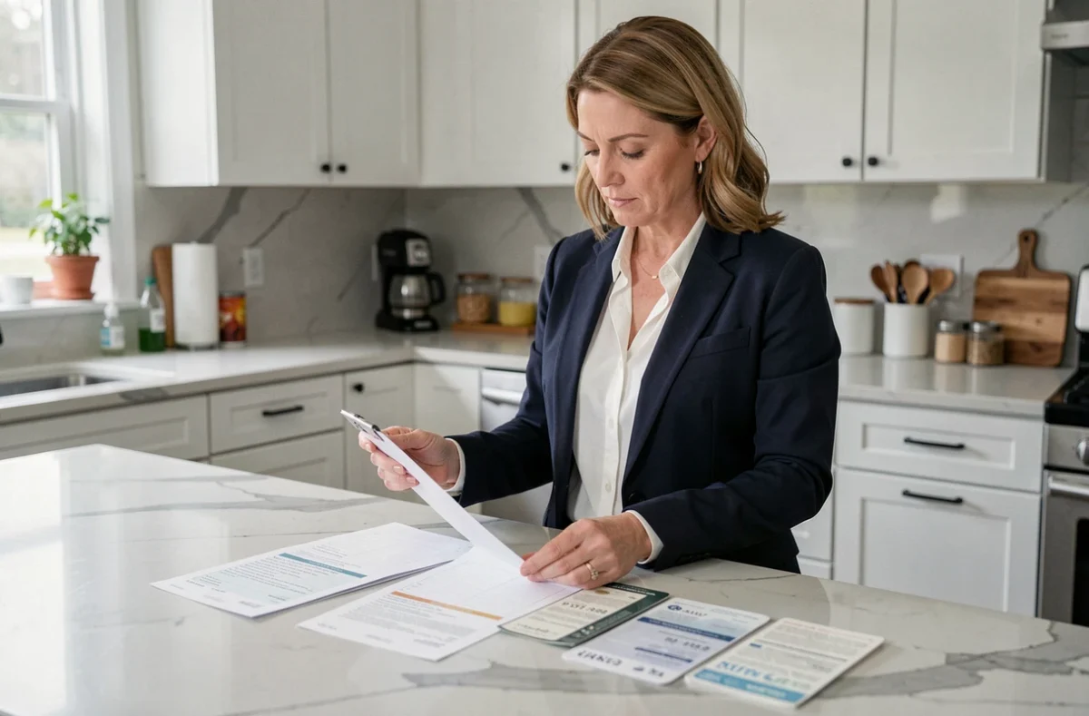 Femme vérifiant une liste de documents nécessaires pour ouvrir un compte bancaire CIC rapidement depuis son domicile