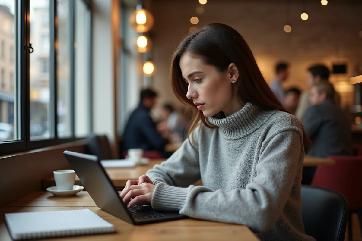 Jeune femme vérifie options de sécurité sur tablette