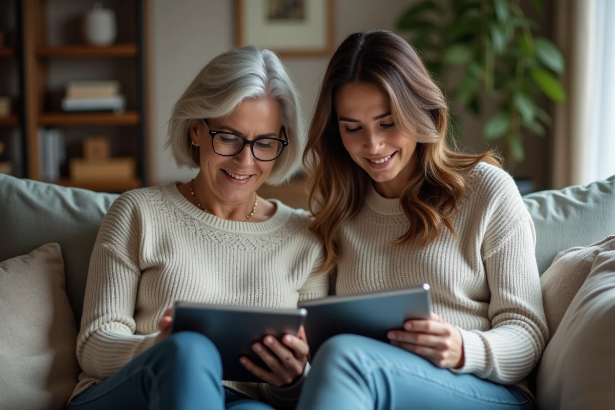 Deux femmes vérifiant leur budget sur tablette dans le salon