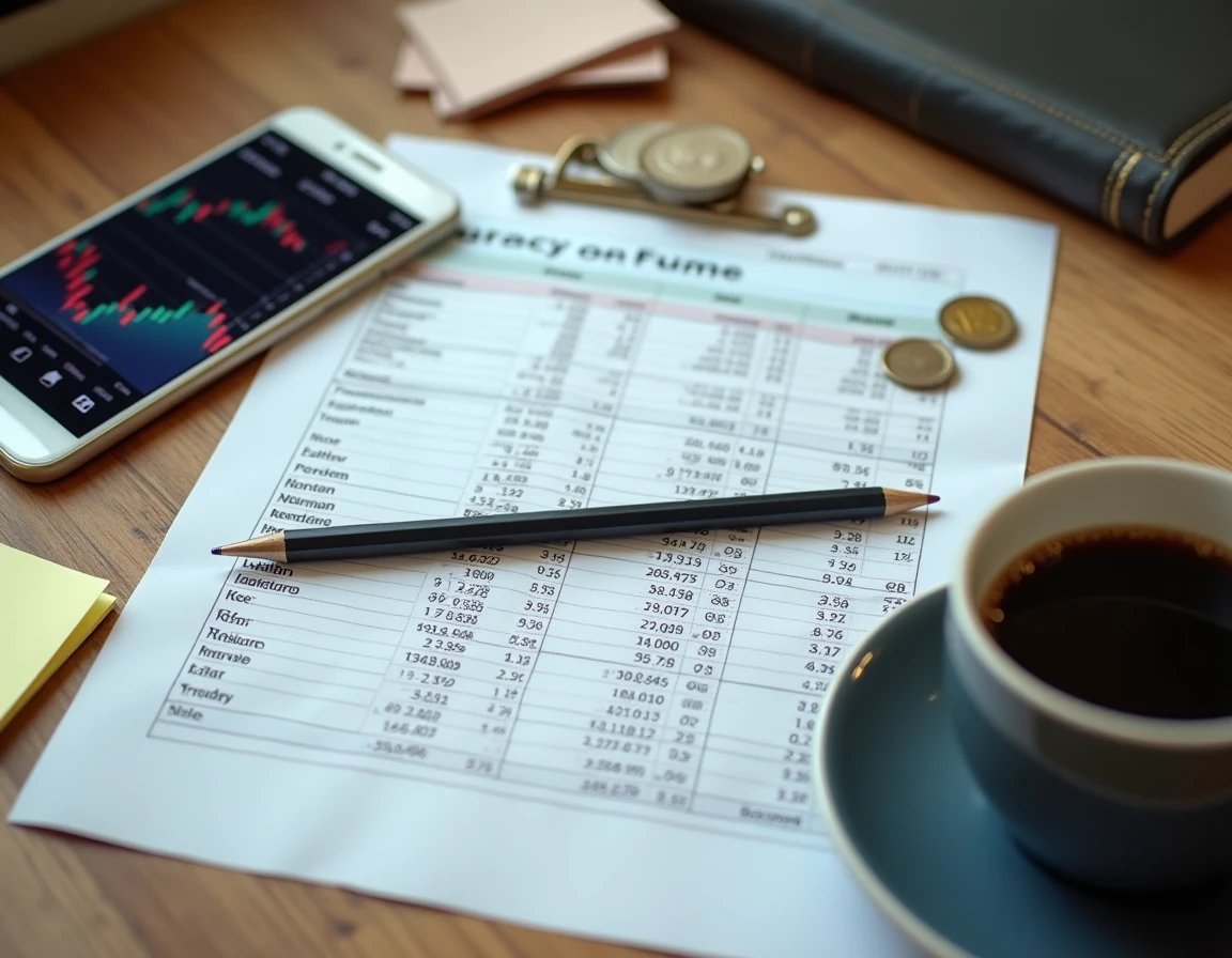 Vue aérienne d'un bureau avec feuille de calcul financière, pièces et graphique boursier pour analyse GMK fortune