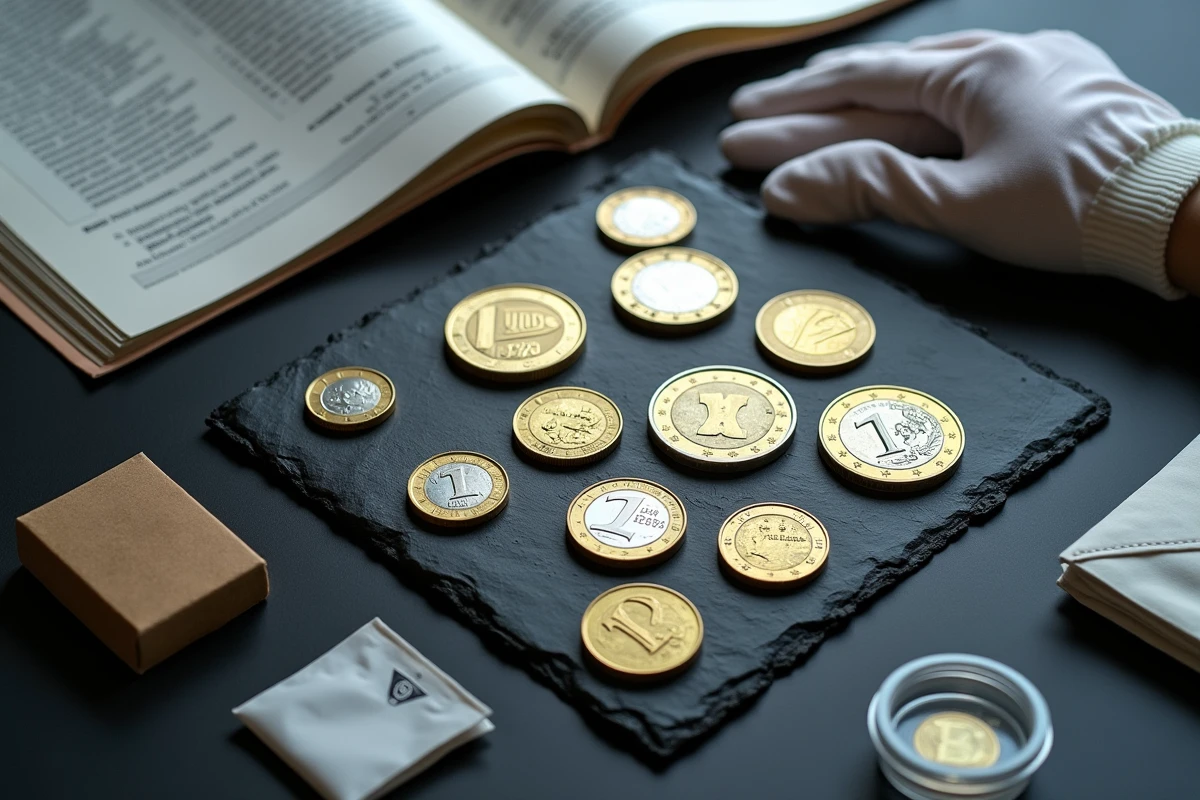 Vue aérienne de pièces d'un euro rares disposées sur ardoise avec gants blancs, capsule et guide de cotation numismatique