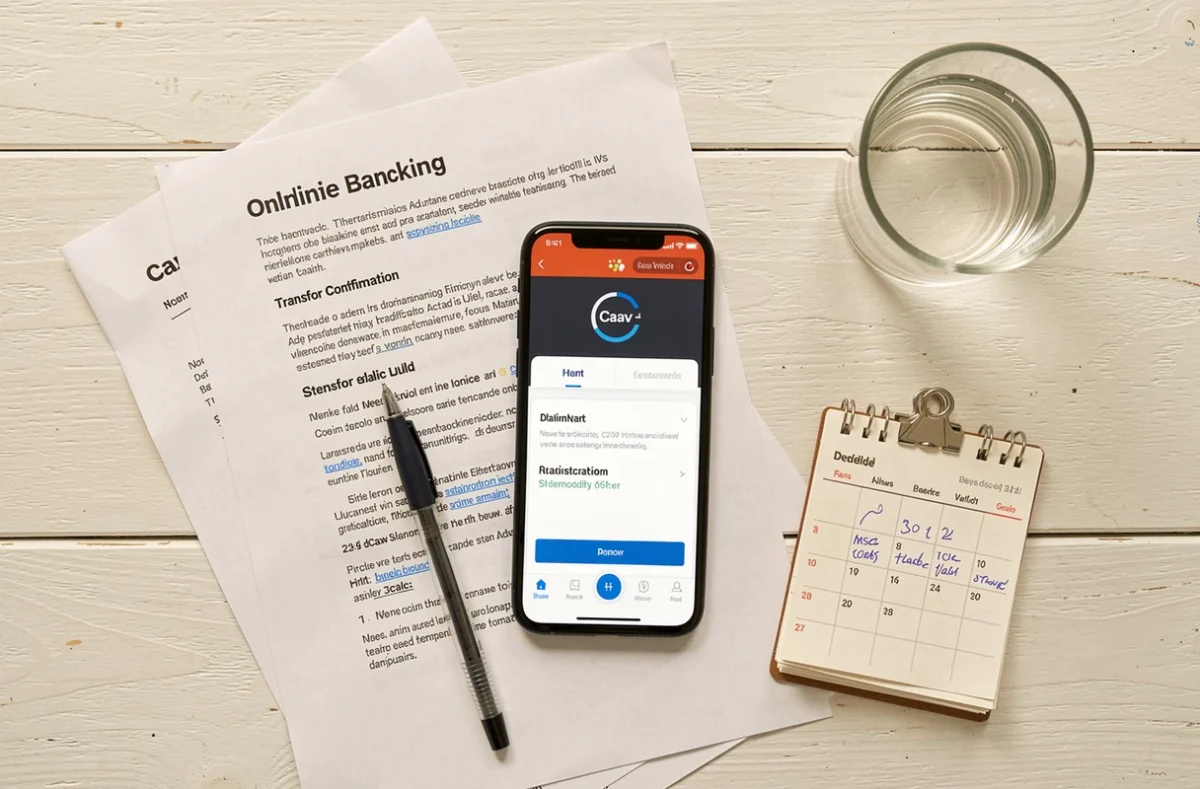 Flatlay d'un smartphone affichant une confirmation de virement en ligne avec documents Caav et calendrier de délais