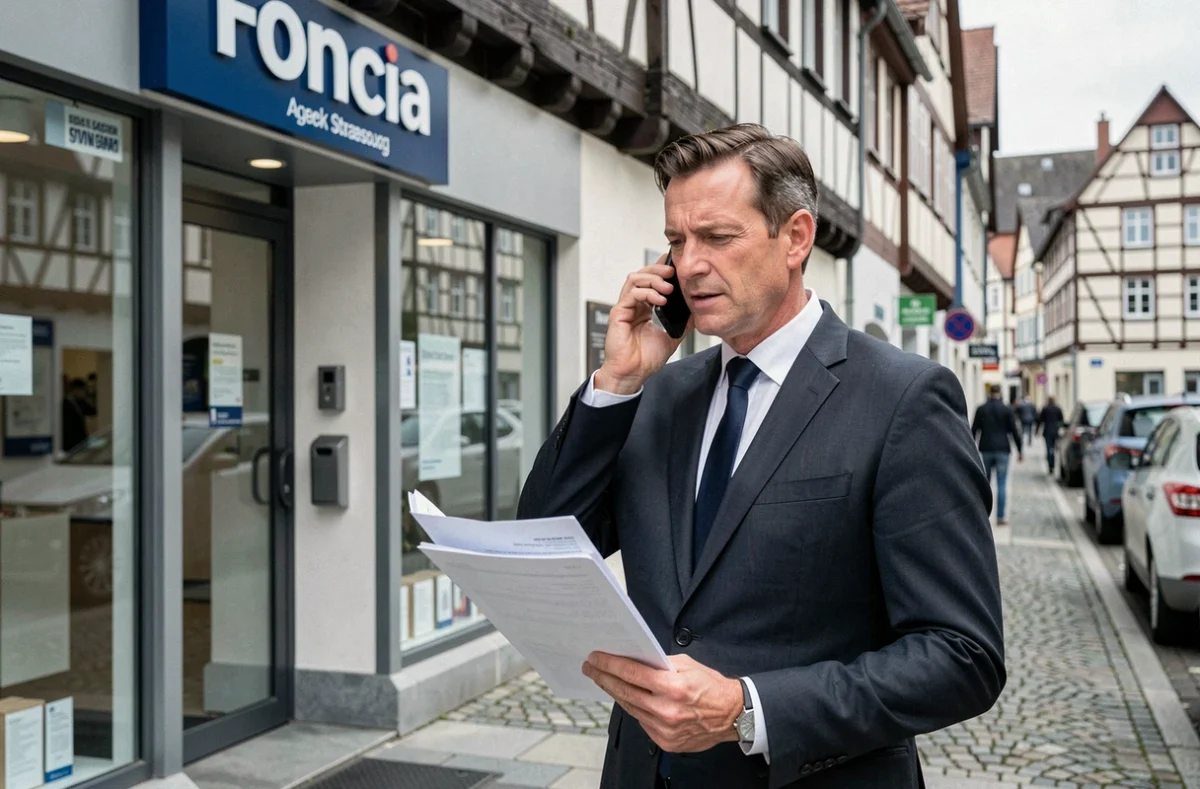Gestionnaire Foncia Strasbourg devant l'agence avec des documents de gestion locative