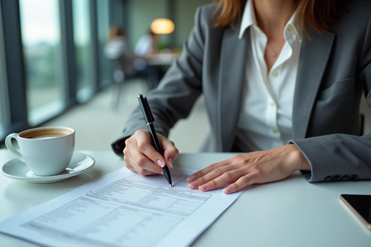 Femme remplissant un formulaire fiscal 3916 bis dans un bureau professionnel moderne
