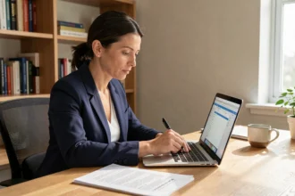 Femme remplissant un formulaire Caav en ligne sur ordinateur portable dans un bureau à domicile