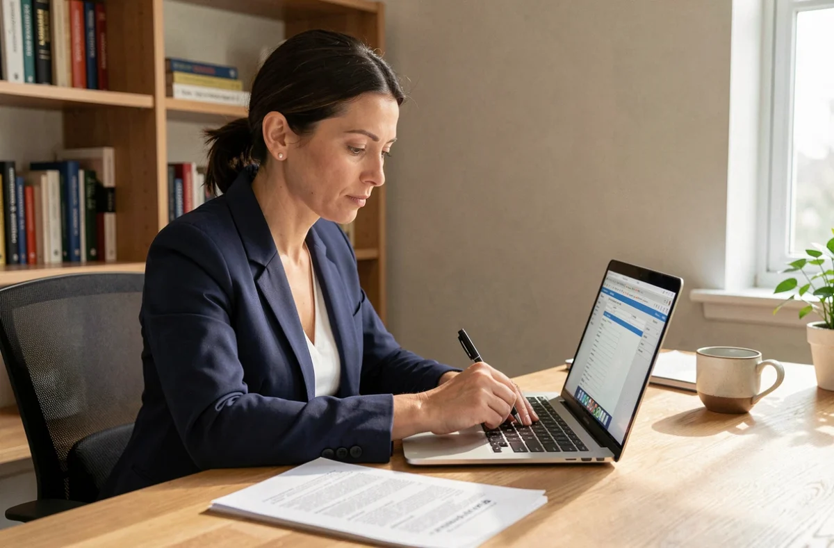 Femme remplissant un formulaire Caav en ligne sur ordinateur portable dans un bureau à domicile