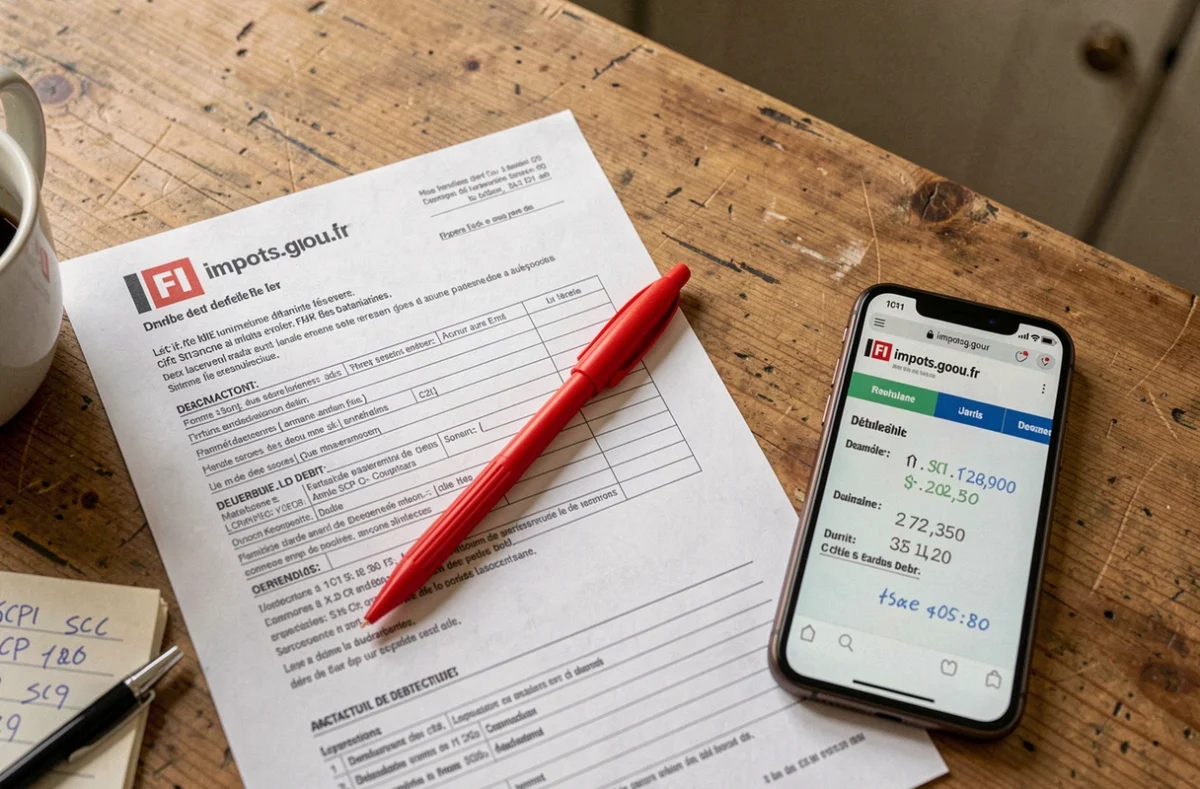 Gros plan sur un formulaire de déclaration IFI et des notes manuscrites sur les parts SCPI posés sur une table en bois