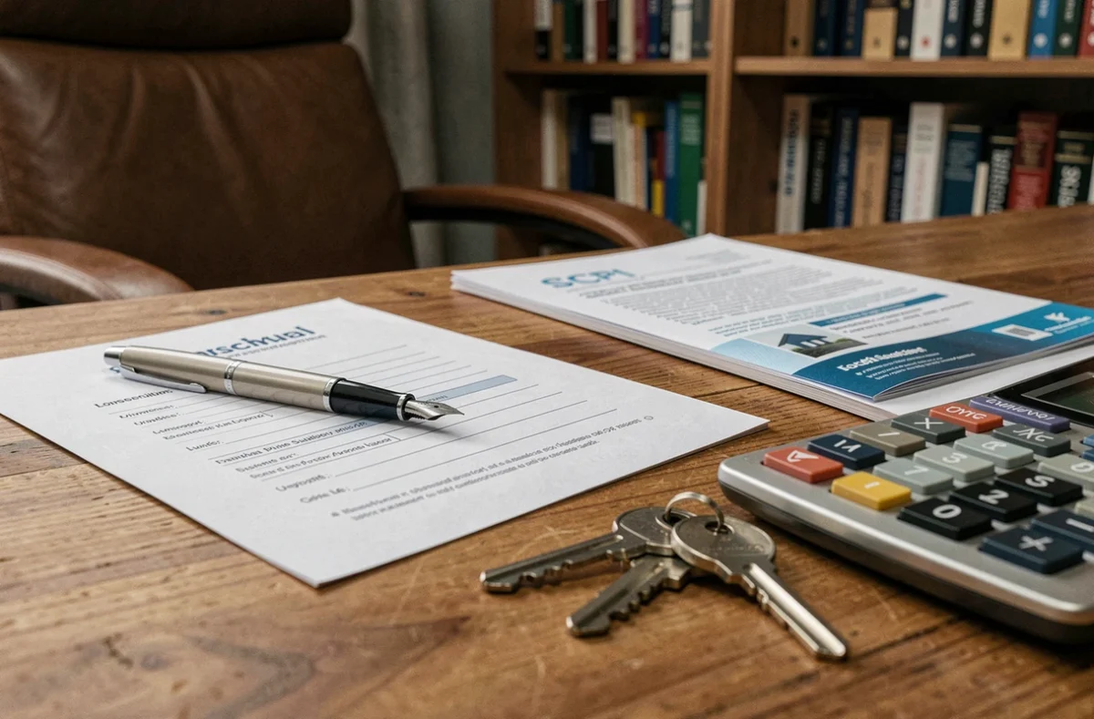 Formulaire de souscription SCPI, prospectus et clés immobilières sur un bureau en bois — investissement en direct