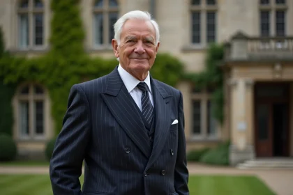 Homme en costume sombre devant un château français, symbolisant la fortune et le patrimoine d'une personnalité politique
