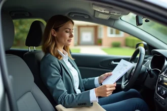 Femme professionnelle consultant des documents de formation dans sa voiture avant un trajet déductible fiscalement