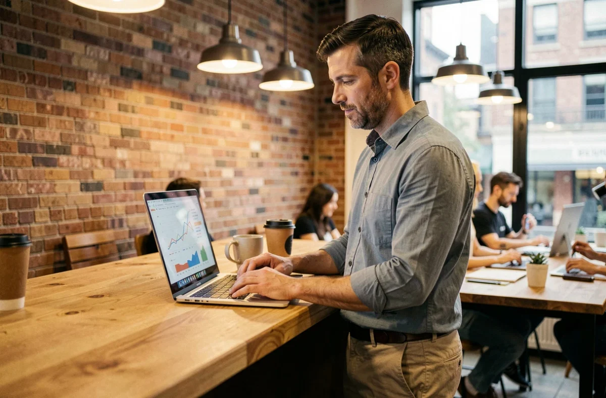 Travailleur indépendant analysant des données financières sur son ordinateur dans un espace de coworking, représentant l'accès aux ressources de la Commercial Finance Association