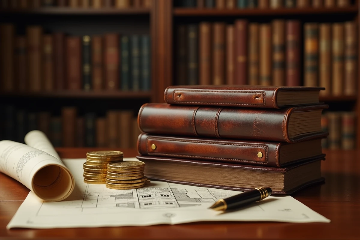 Bureau d'époque avec livres de comptes, pièces d'or et documents symbolisant la gestion d'une grande fortune personnelle
