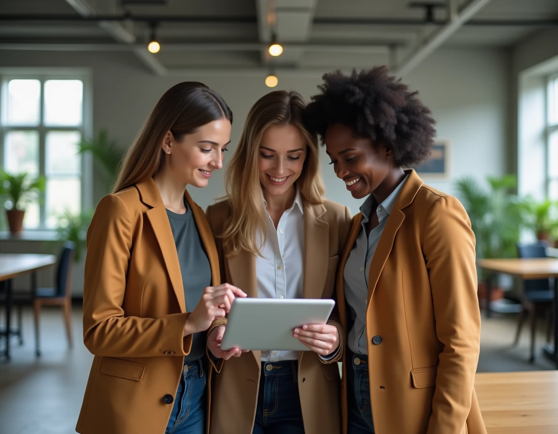 Groupe de jeunes adultes apprenant ensemble les bases de la bourse sur une tablette dans un espace de coworking
