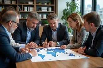 Groupe de professionnels analysant une carte du monde