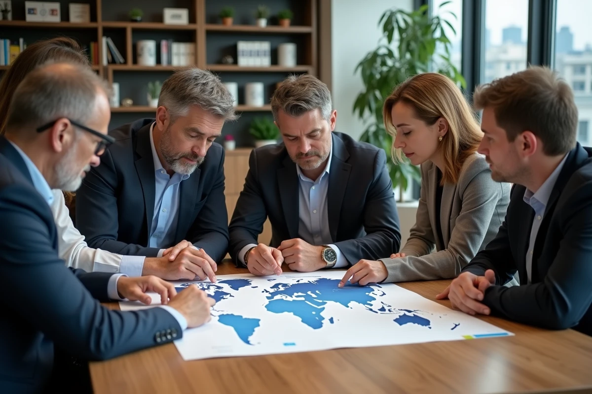 Groupe de professionnels analysant une carte du monde