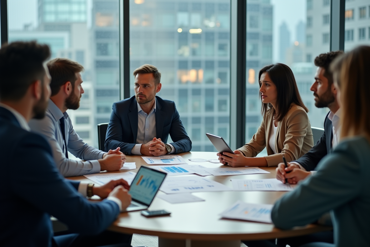 Groupe de professionnels discutant autour de documents ETF et graphiques