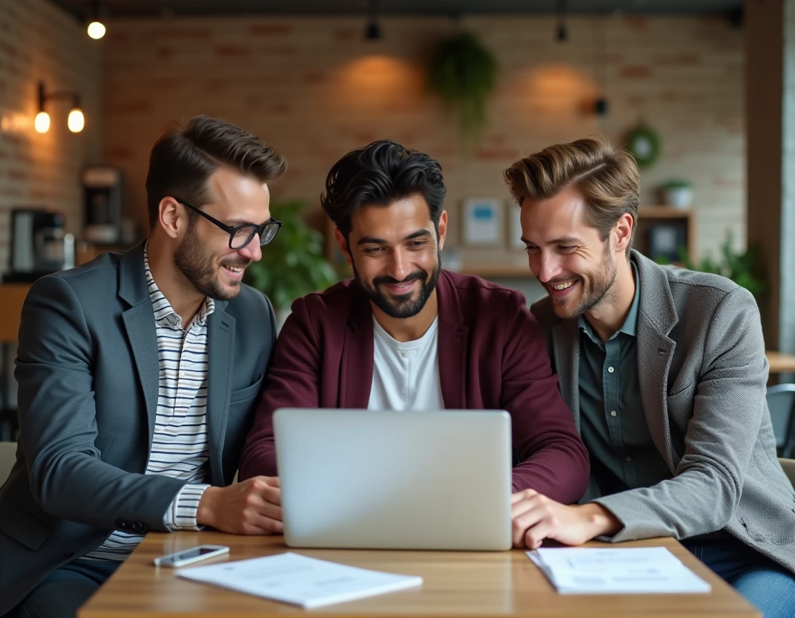 Groupe de salariés consultant ensemble leur plan d'épargne salariale intéressement et participation en entreprise