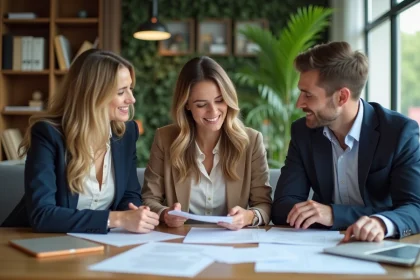 Groupe de trois personnes discutant de documents dans un bureau moderne