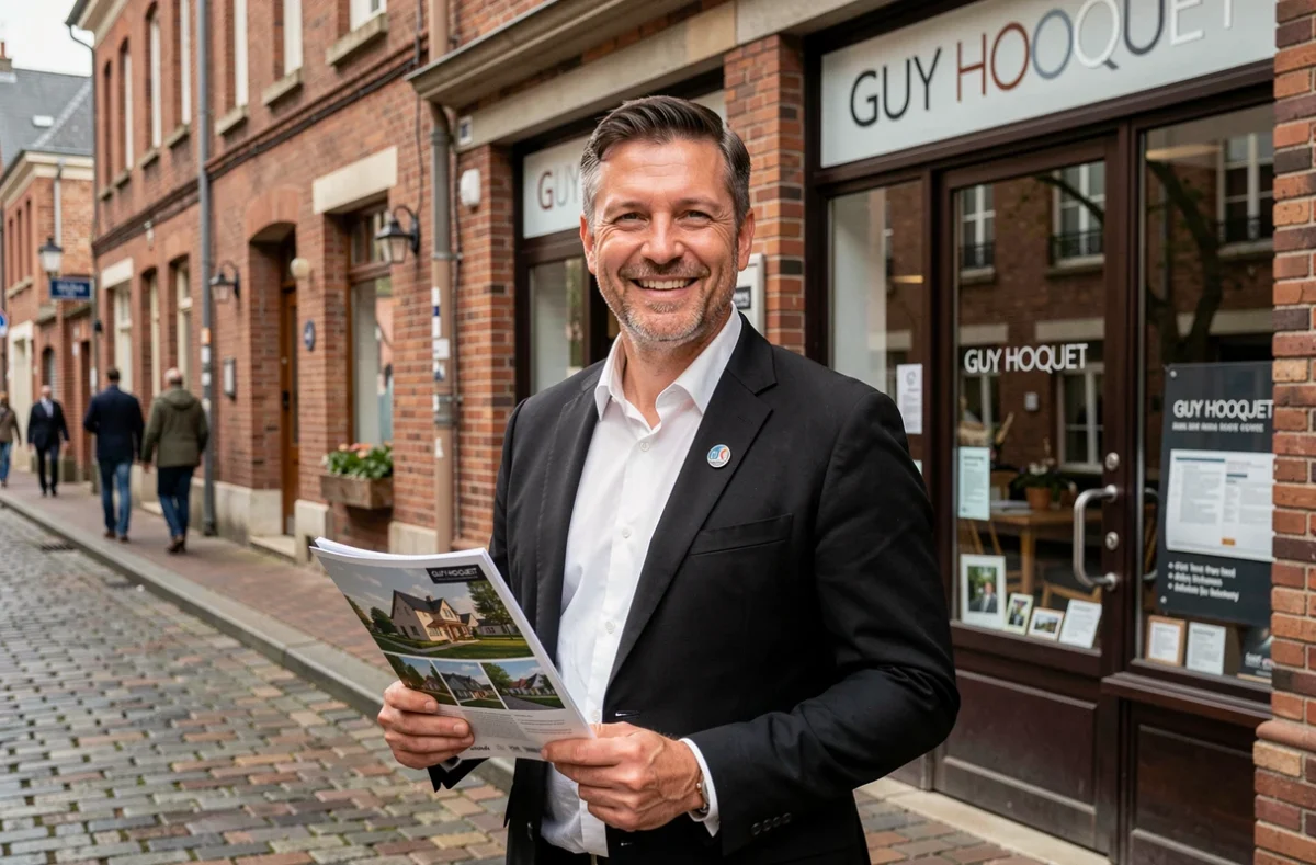 Agent Guy Hoquet L'Immobilier devant une agence du Pas-de-Calais tenant une brochure d'investissement locatif