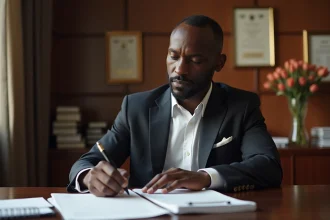 Homme d'affaires africain en costume dans un bureau moderne