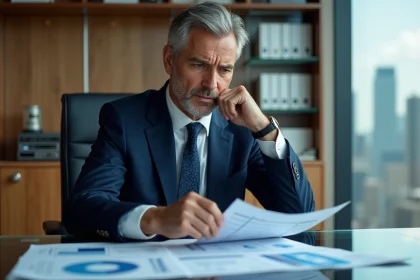 Homme d affaires en costume bleu analysant des rapports économiques