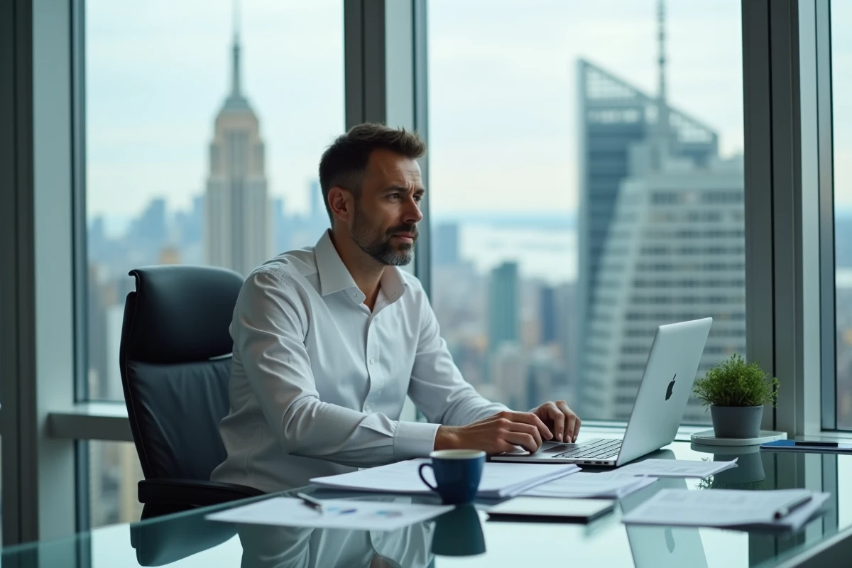 Homme d'affaires assis à son bureau dans un bureau en hauteur à New York avec vue sur la skyline