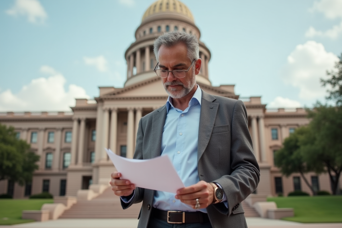 Homme d'affaires hispanique devant le capitole de Texas