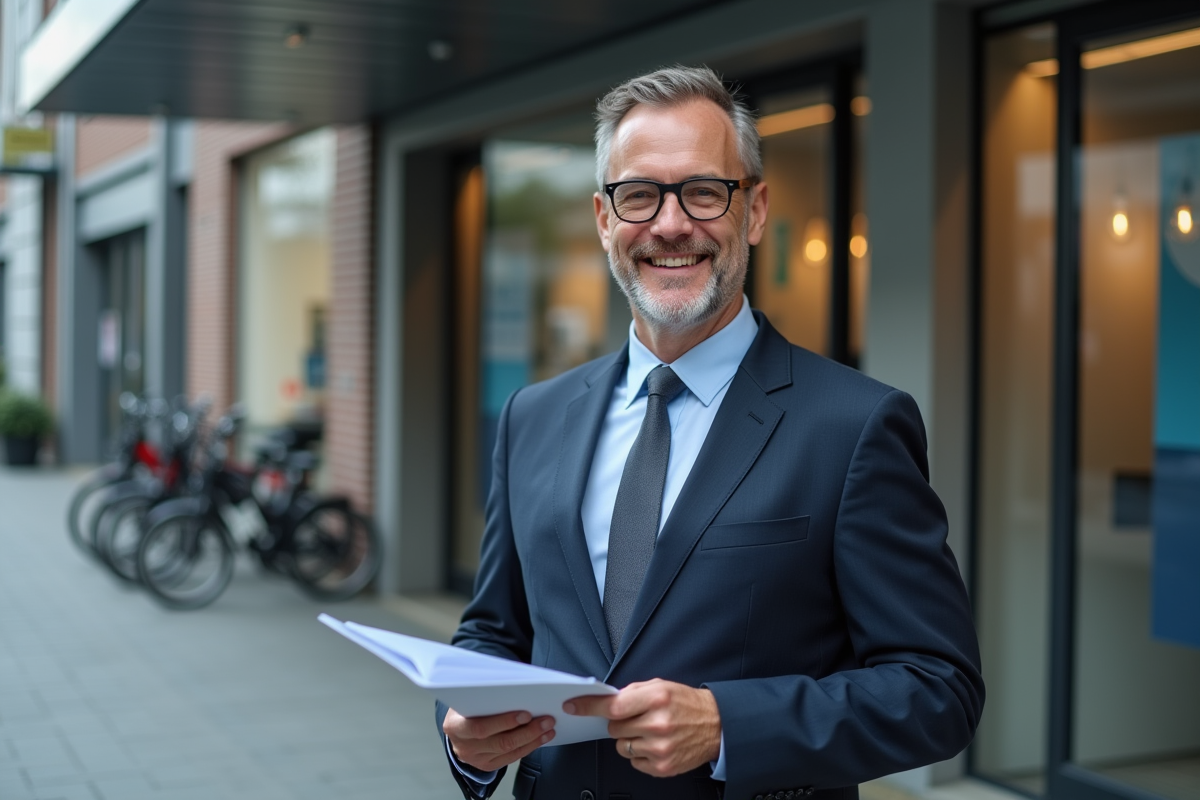 Homme d affaires souriant devant une agence bancaire moderne
